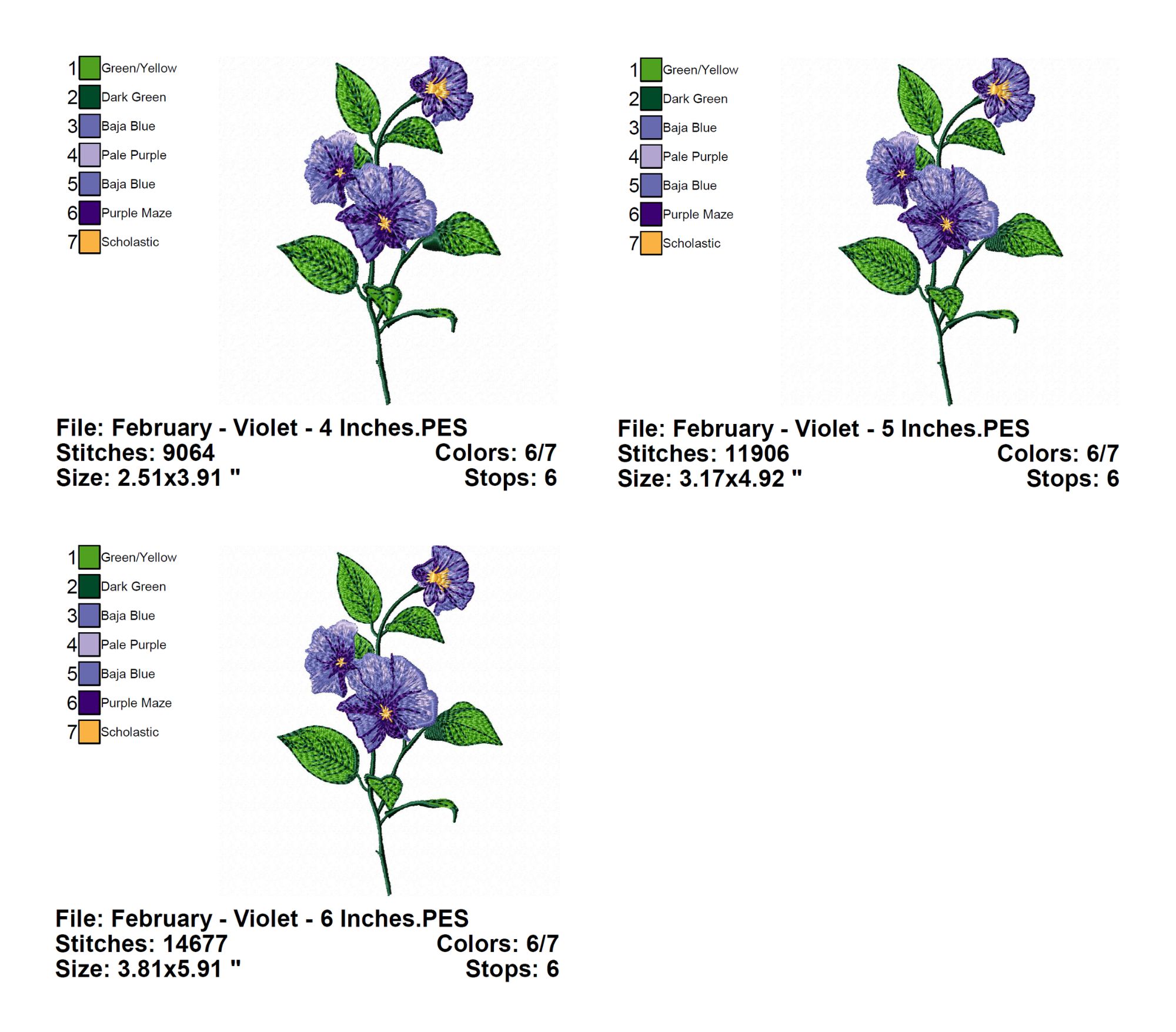February Violet Flower Embroidery Design INFO