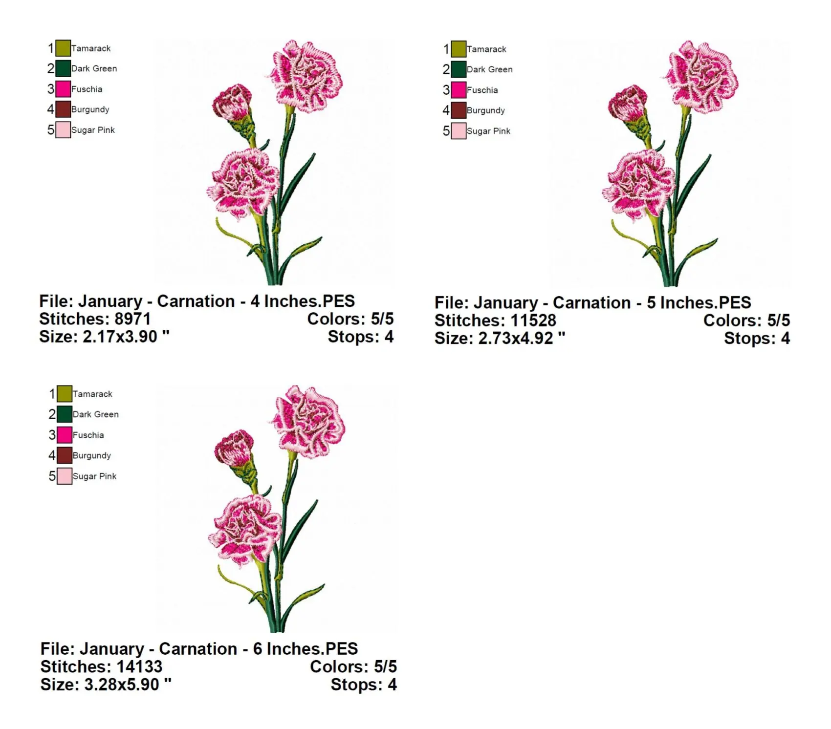 January Carnation Flower Embroidery Design Info