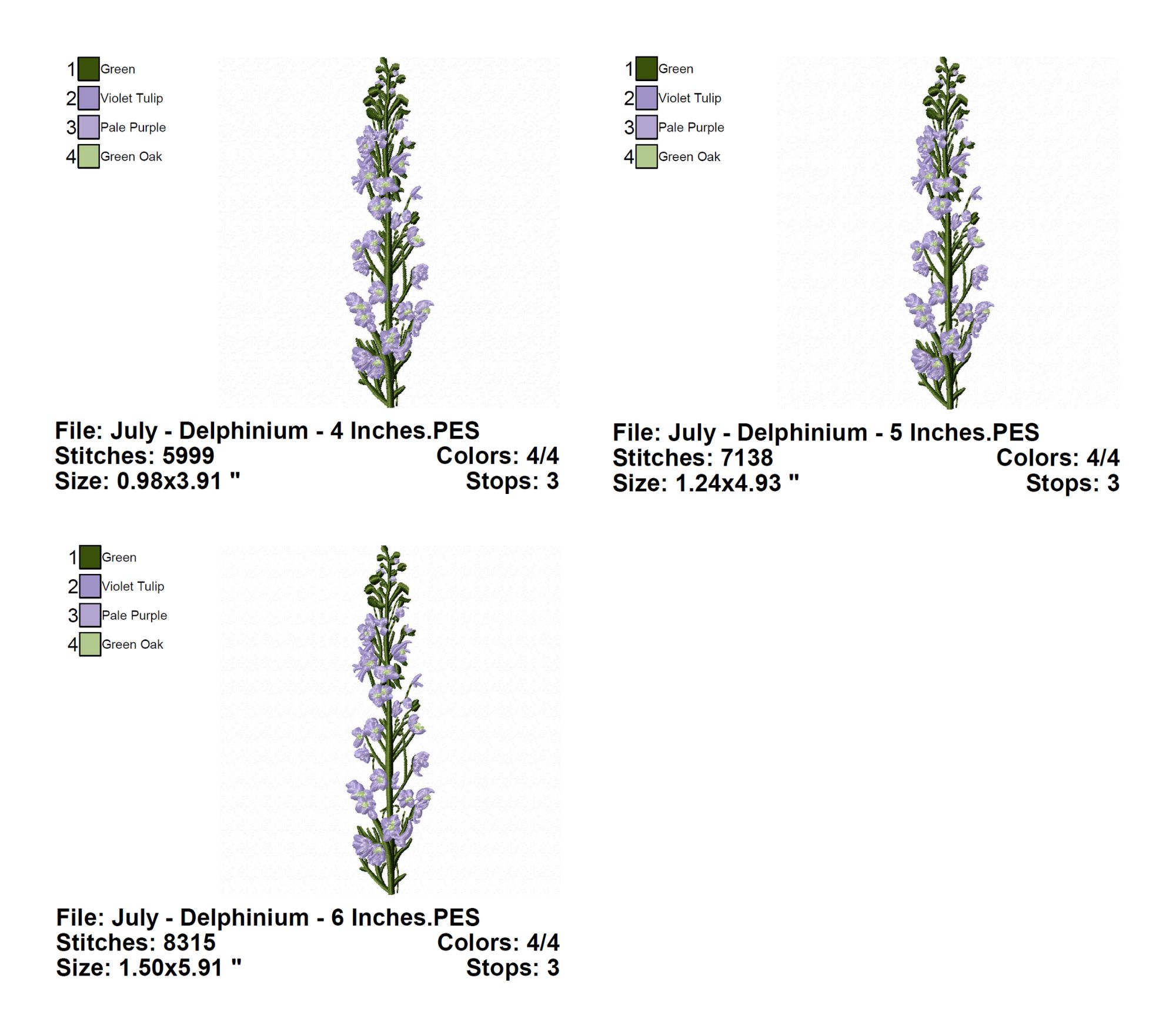July Delphinium Flower Embroidery Design Info