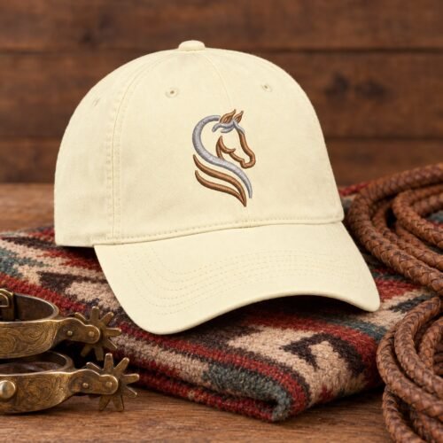 3D Equine Silhouette embroidery design stitched on the front of a dad cap