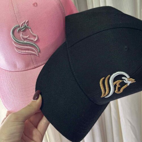 3D Equine Silhouette Embroidery Design on black and pink hat