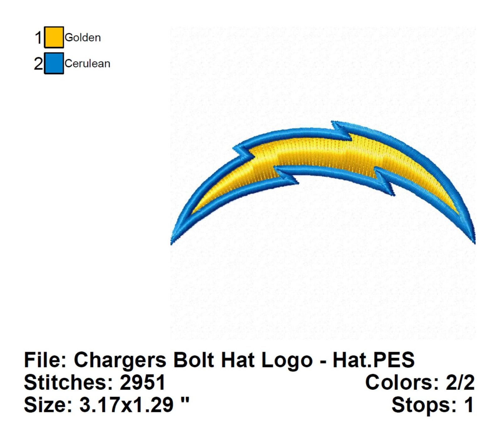 Chargers Bolt Hat Logo Embroidery Design Info