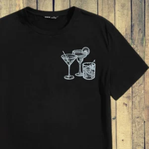 Cocktail Hour Sketch Embroidery Design on black shirt