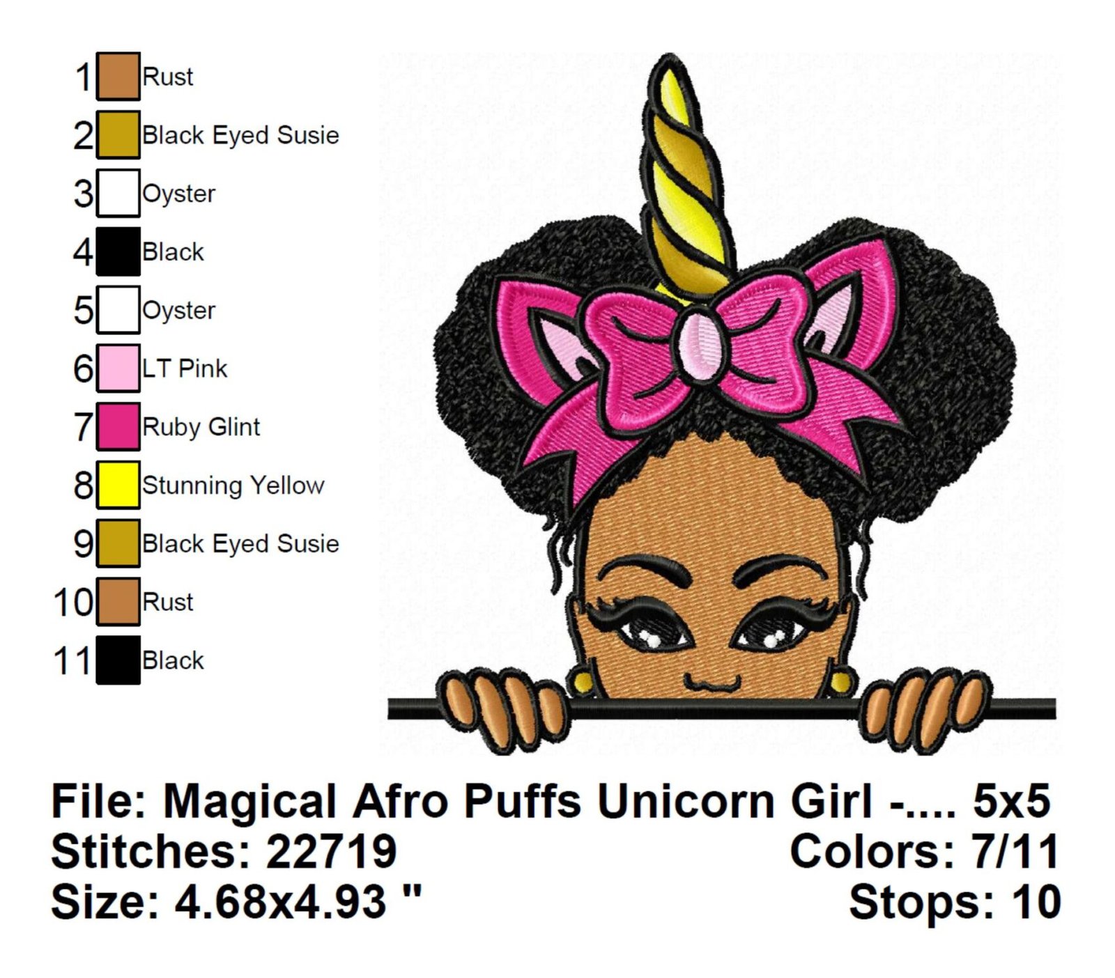 Magical Afro Puffs Unicorn Girl Embroidery Design info