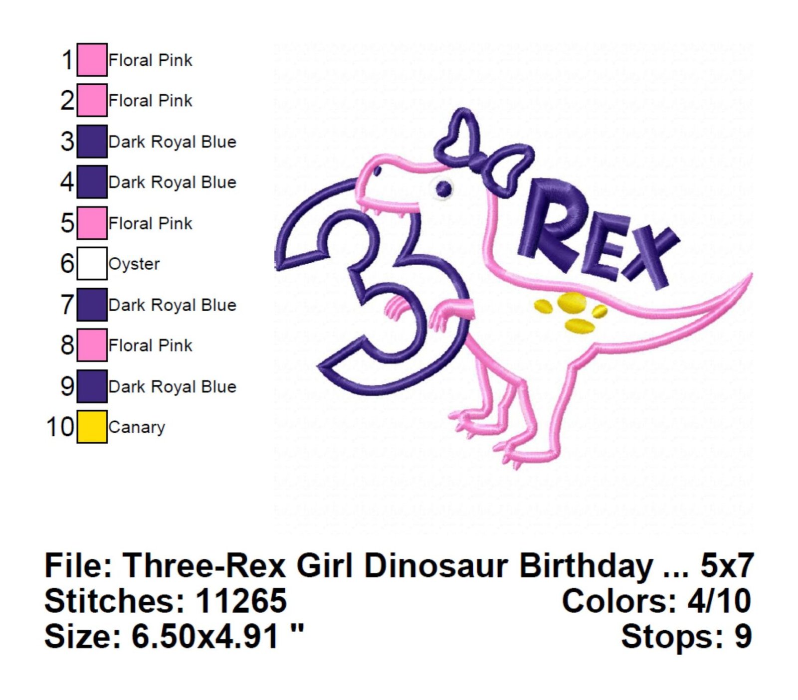 Cute Three-Rex Birthday Applique Embroidery Design info