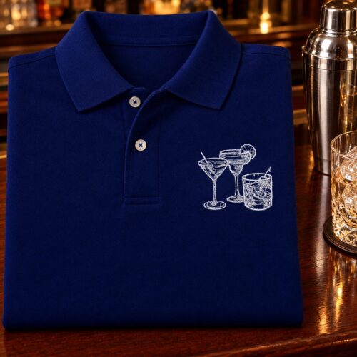 Diseño de bordado "Cocktail Hour Sketch" bordado como logotipo en el lado izquierdo del pecho de una camisa polo.