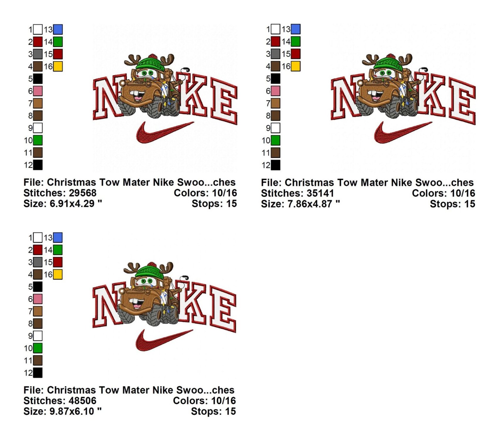 Christmas Tow Mater Nike Swoosh Embroidery Design Info