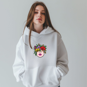 Blooming Woman Face Applique Embroidery Design mockup on hoodie