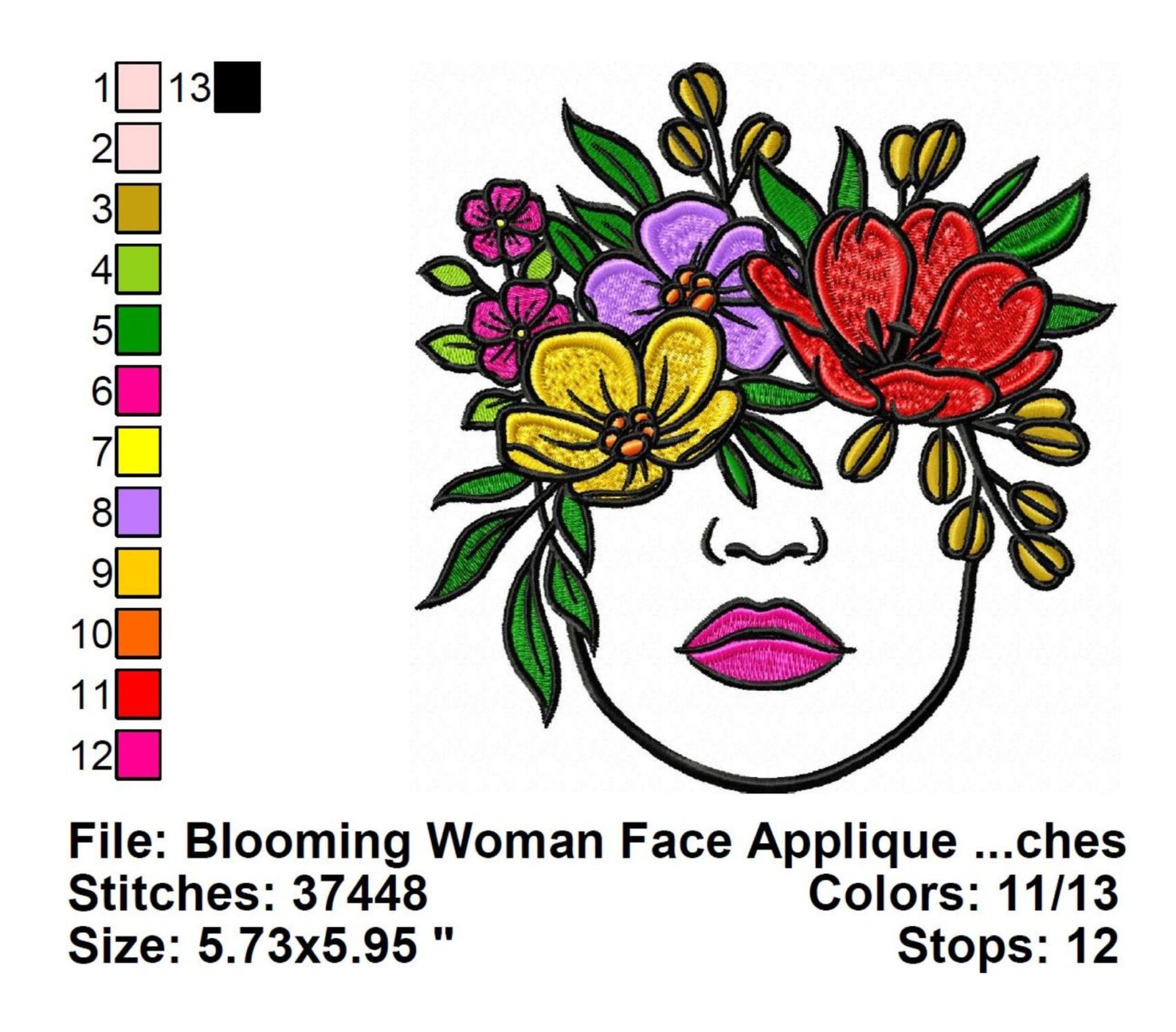 Blooming Woman Face Applique Embroidery Design Info