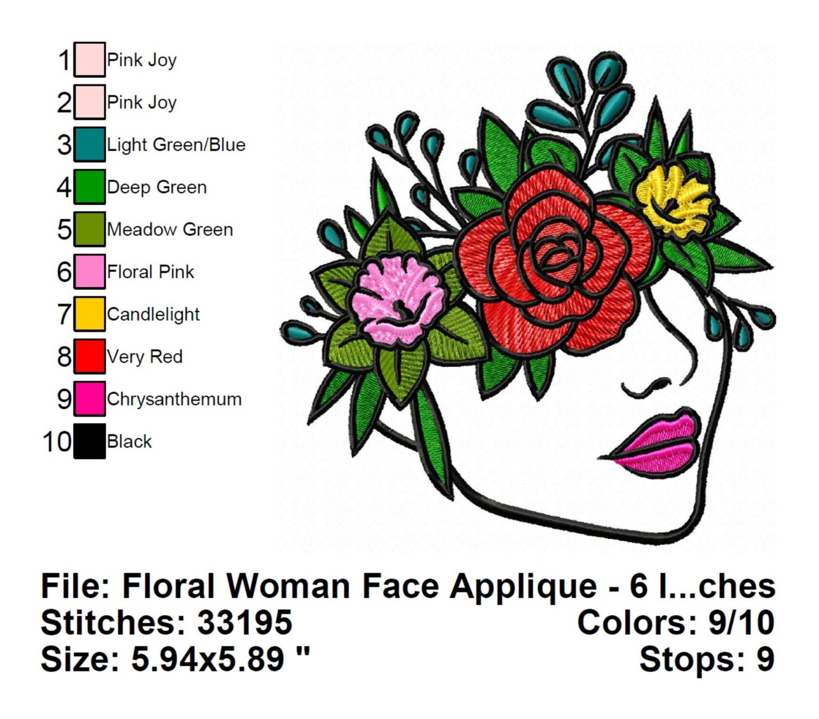 Floral Woman Face Applique Embroidery Design