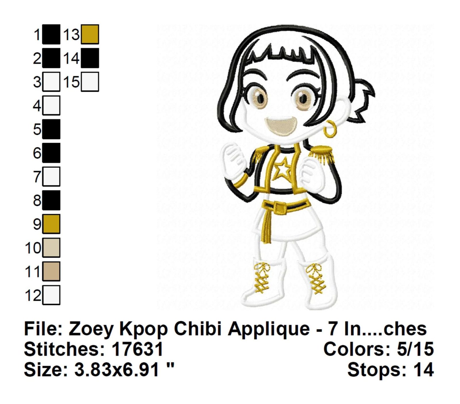 Zoey Kpop Chibi Applique Embroidery Design Info