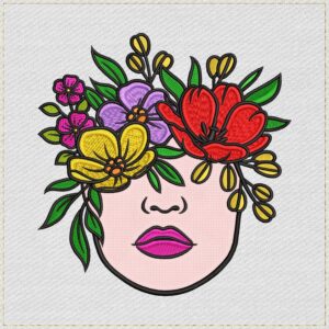 Diseño de bordado en aplique de cara de mujer en flor