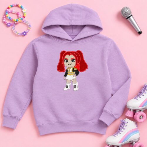 Mira Kpop Chibi Applique embroidery design stitched on a kids hoodie