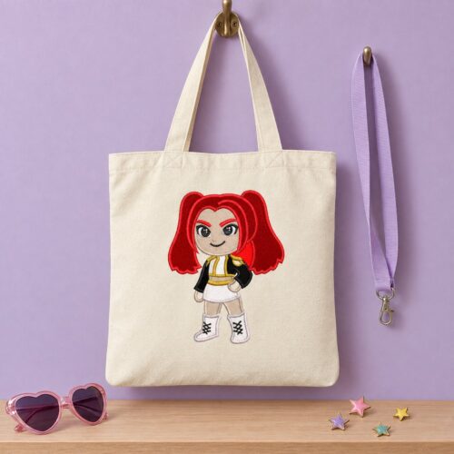 Mira Kpop Chibi Applique embroidery design stitched on a tote bag