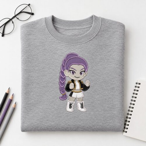Rumi Kpop Chibi Girl Applique embroidery design stitched on a crewneck sweatshirt