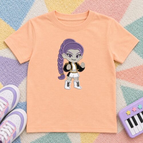 Rumi Kpop Chibi Girl Applique embroidery design stitched on a kids t-shirt