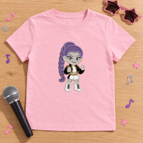 Rumi Kpop Chibi Girl Applique embroidery design stitched on a t-shirt