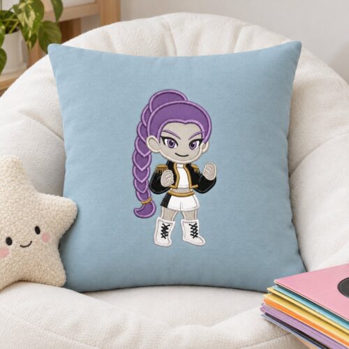 Rumi Kpop Chibi Girl Applique embroidery design stitched on a throw pillow