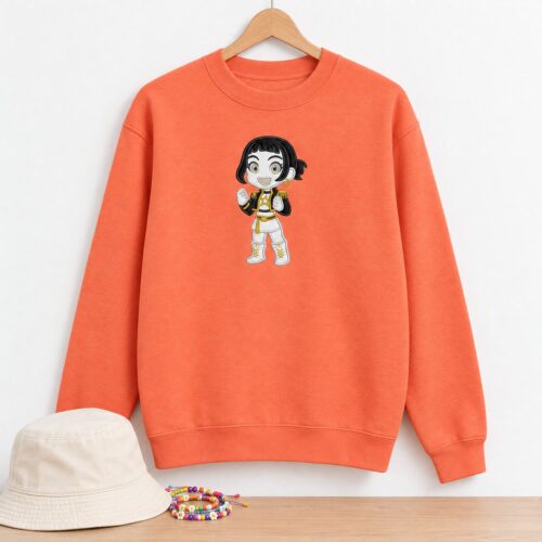 Zoey Kpop Chibi Applique embroidery design stitched on a crewneck sweatshirt