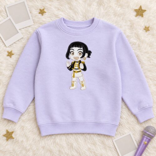 Zoey Kpop Chibi Applique embroidery design stitched on a kids sweatshirt