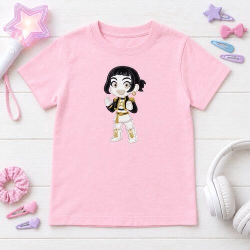 Zoey Kpop Chibi Applique embroidery design stitched on a kids t-shirt