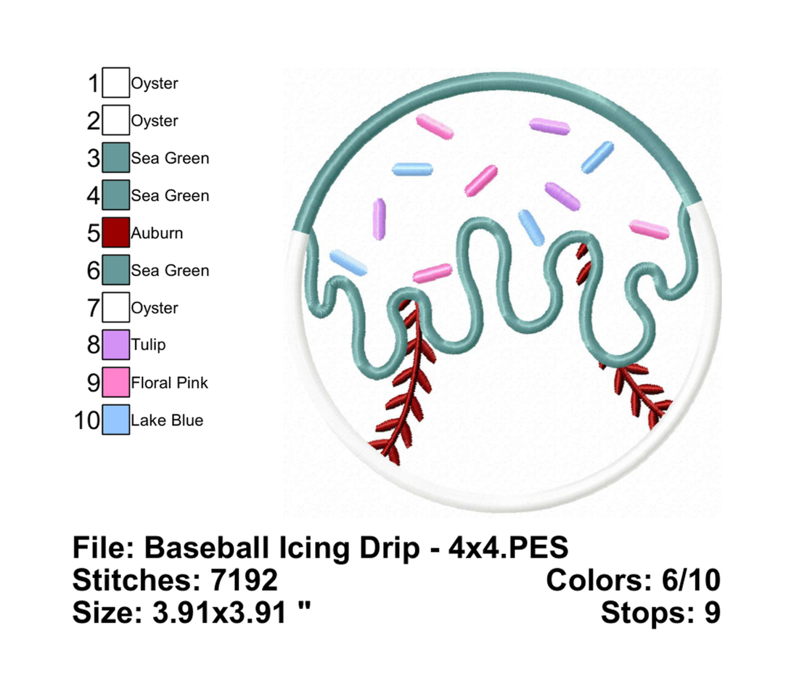 Baseball Icing Drip - Info Embroider Design Info