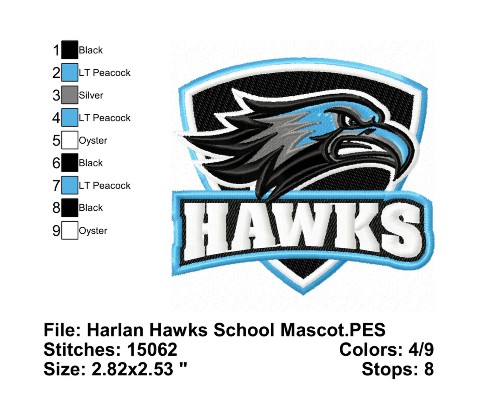 Harlan Hawks School Mascot - Hat - Info Embroider Design Info