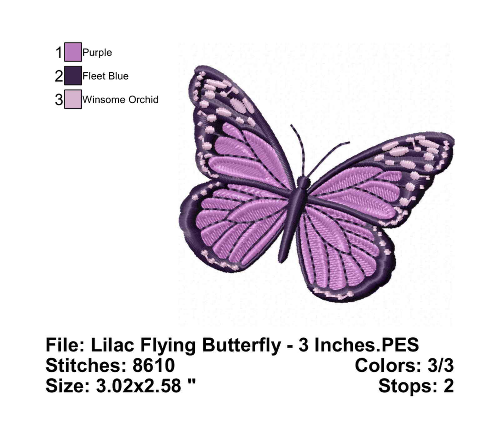 Lilac Flying Butterfly - Info Embroider Design Info