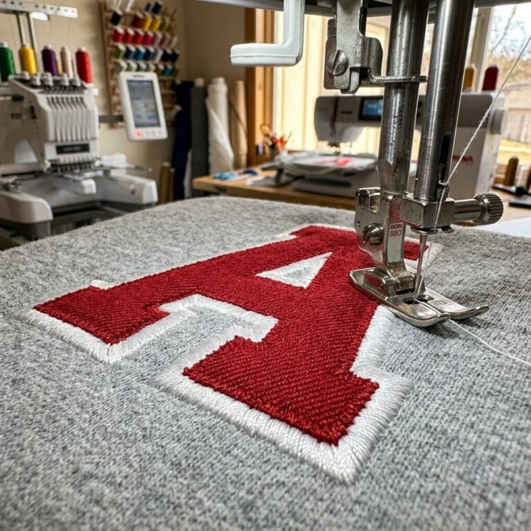 Collegiate varsity letter applique embroidery stitching - Twill fabric applique by ABDigitizing
