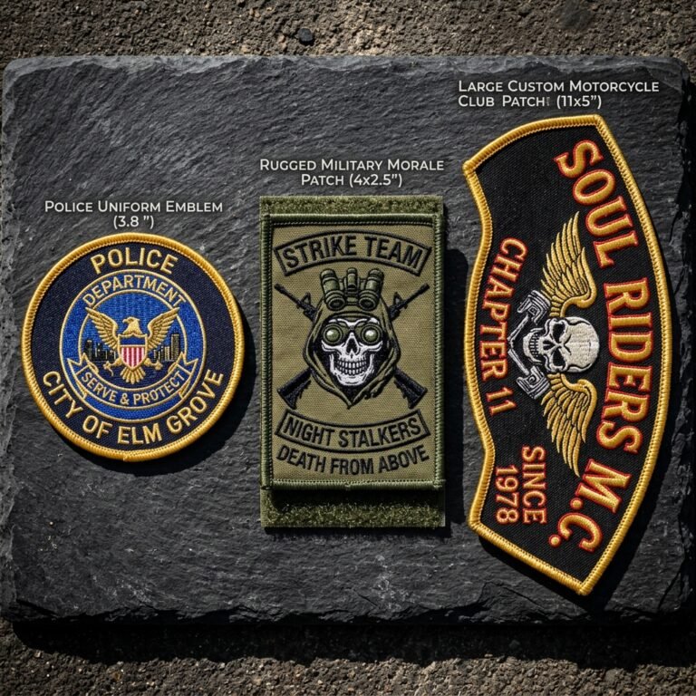 Custom embroidered patches collection on slate background - Motorcycle uniform and morale patches by ABDigitizing