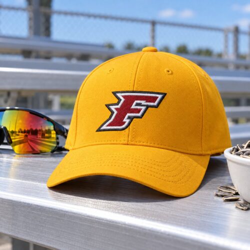 Diseño de bordado del logo de Delaware Fury en la parte delantera de una gorra de béisbol estructurada.