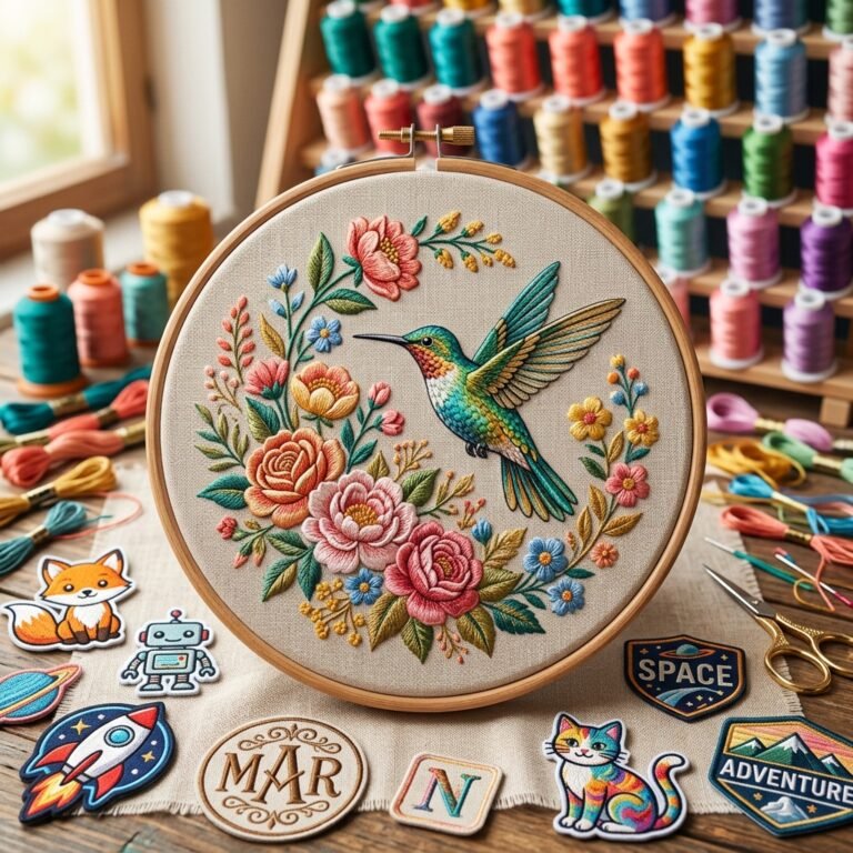 Hummingbird floral machine embroidery hoop with colorful thread spools - Designs directory by ABDigitizing