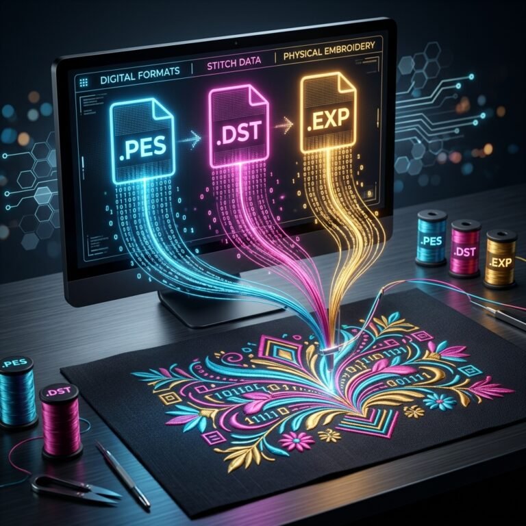 PES DST and EXP digital embroidery file formats converting to physical thread paths by ABDigitizing
