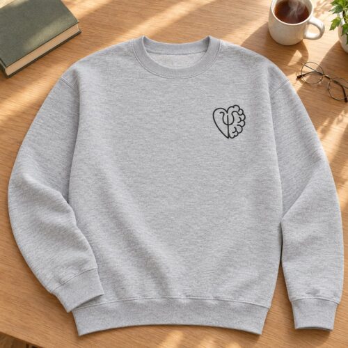 Diseño de bordado del símbolo de Psicología del Corazón y el Cerebro, bordado como logotipo en el lado izquierdo del pecho de una sudadera de cuello redondo.