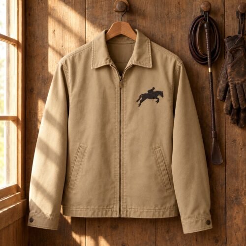 Horse Jumping Silhouette embroidery design stitched as a left-chest logo on a work jacket