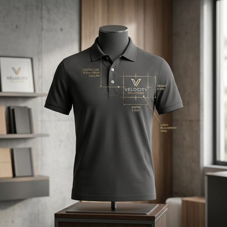 Left chest corporate logo placement and alignment grid on charcoal polo shirt by ABDigitizing
