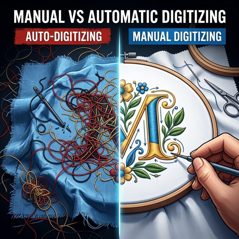 Manual vs auto digitizing comparison showing chaotic threads vs perfect stitch direction by ABDigitizing