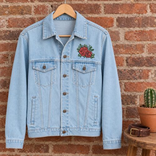 Diseño de bordado de rosas de estilo Old School Tattoo bordado como logotipo en el lado izquierdo del pecho de una chaqueta vaquera.