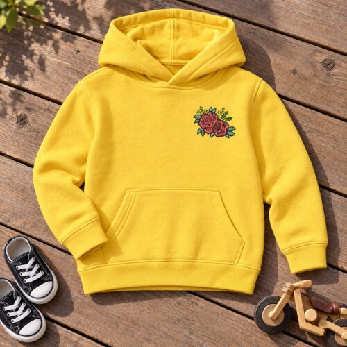 Diseño de bordado de rosas de tatuaje de la vieja escuela bordado como logotipo en el lado izquierdo del pecho de una sudadera con capucha para niños