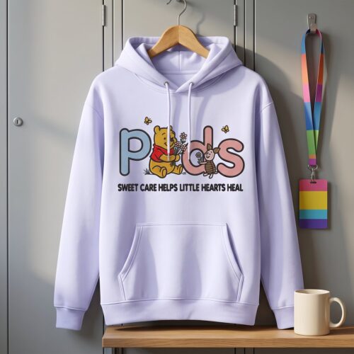 Diseño bordado de Winnie the Pooh con temática de enfermera pediátrica, bordado en la parte delantera de una sudadera con capucha.