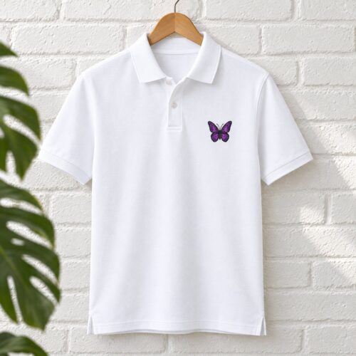 Diseño de bordado de mariposa rosa y morada bordado como logotipo en el lado izquierdo del pecho de una camisa polo.