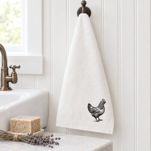 Rustic Farmhouse Hen Sketch embroidery design stitched in the corner of a hand towel