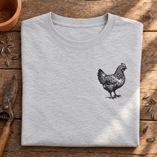 Rustic Farmhouse Hen Sketch embroidery design stitched as a left-chest logo on a t-shirt