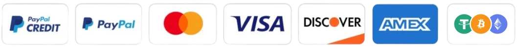 Visa, Mastercard, American Express, Discover, PayPal, PayPal Credit and crypto accepted