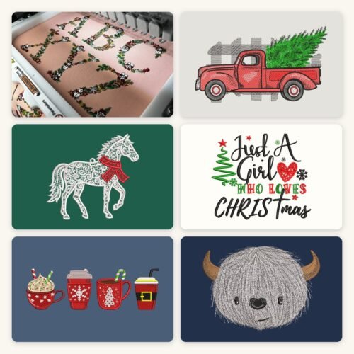 Set Navideño Completo: el alfabeto navideño floral bordado en la máquina, y los diseños de una troca roja con árbol navideño, un adorno de caballo en encaje, Just a Girl Who Loves Christmas, cuatro tazas navideñas y un yeti peludo