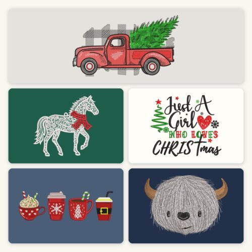 Paquete Navideño Acogedor: troca roja con árbol navideño, adorno de caballo en encaje, Just a Girl Who Loves Christmas, cuatro tazas navideñas y un yeti peludo, como diseños de bordado a máquina