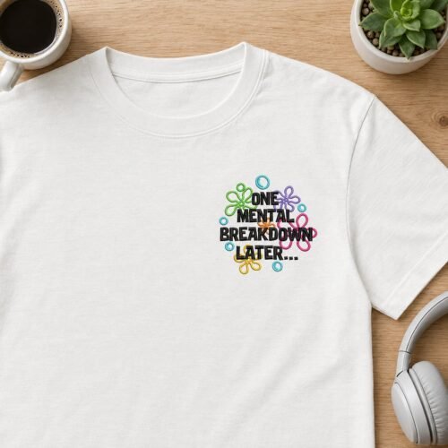 One Mental Breakdown Later embroidery design stitched on a t-shirt