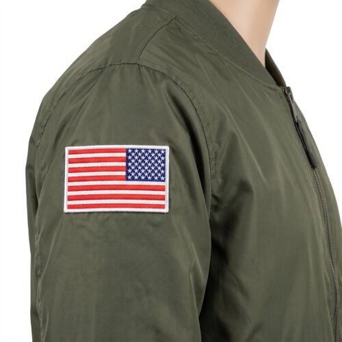Reversed USA Flag embroidery design stitched on a jacket sleeve