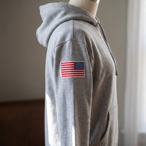 Reversed USA Flag embroidery design stitched on a hoodie sleeve