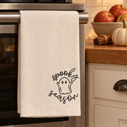 Spooky Season Ghost embroidery design stitched on a hand towel